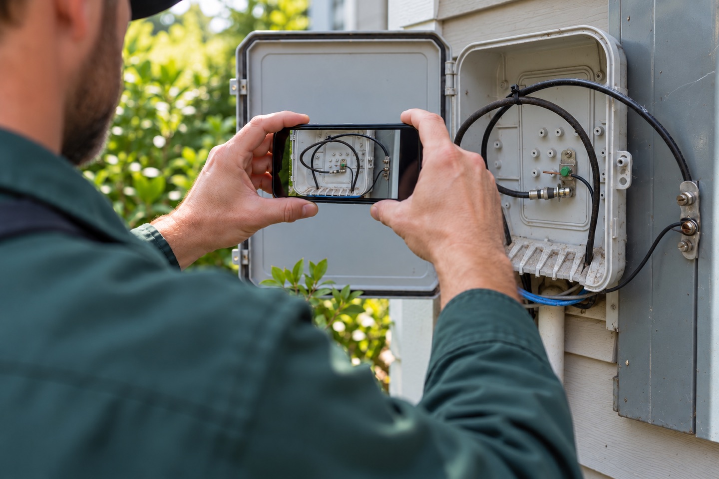 Technician photographing a failed-QC house box with loose coax loops and its grounding connection